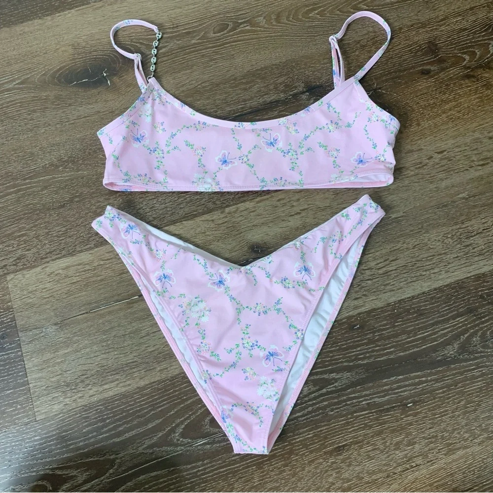 Frankie’s Bikini Womens Pink Dallas Floral fairy tale chain bikini swim XL